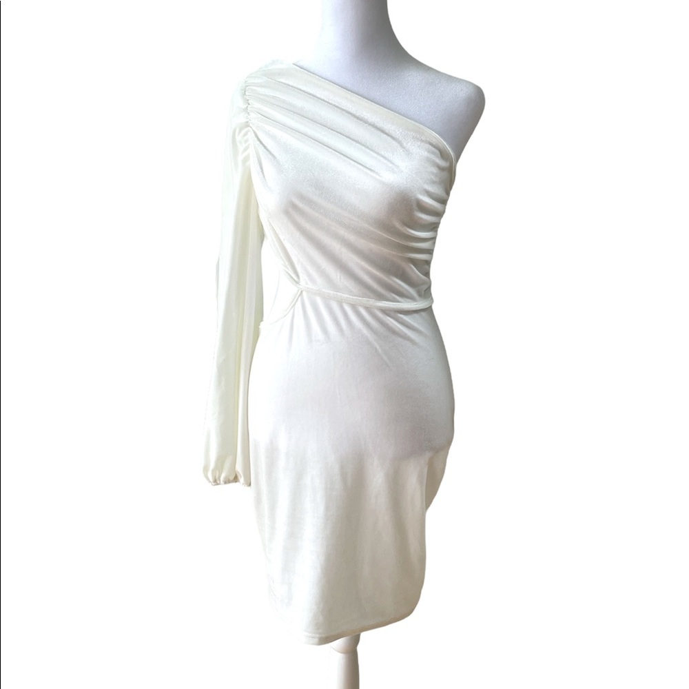Simplee Ivory Cream Velvet One Shoulder Cut Out Mini Party Holiday Dress Small - Picture 2 of 10